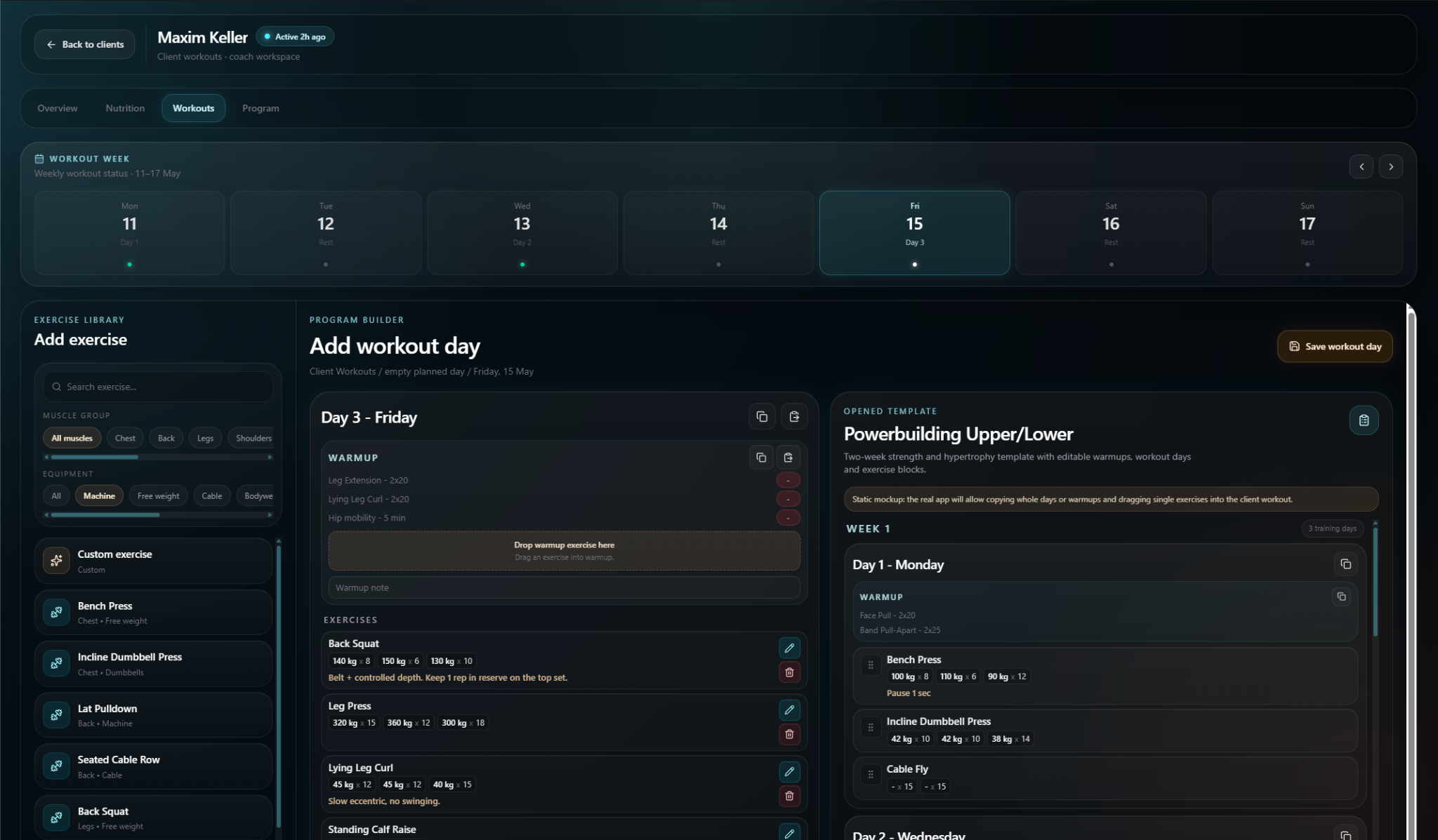 Workout day builder and exercise library