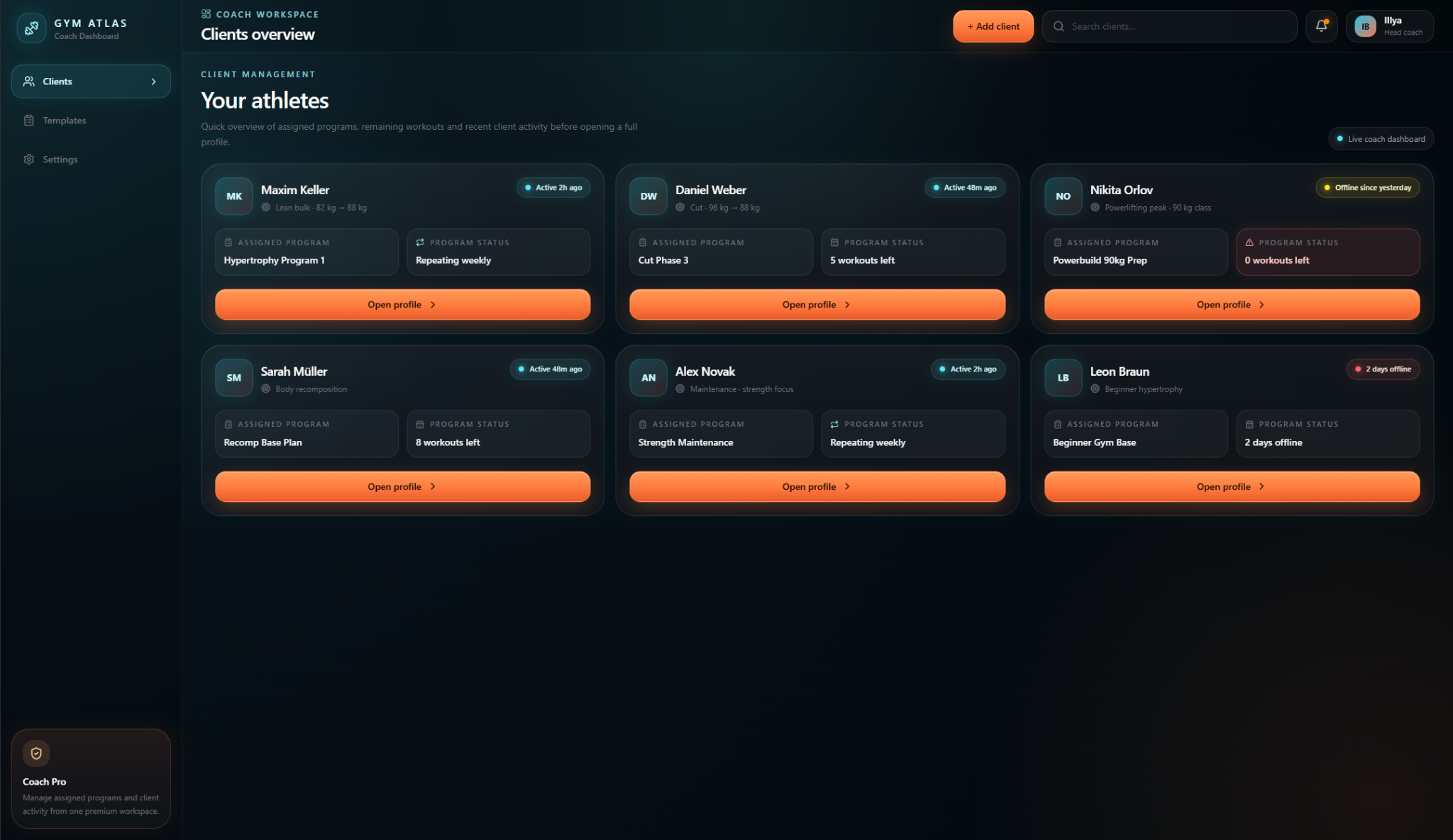 All clients overview in GYM ATLAS Coach